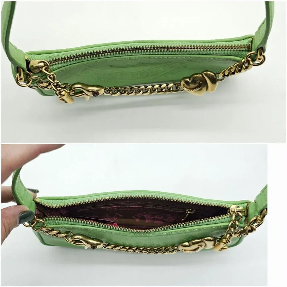 Vintage Y2K Juicy Couture Baguette Shoulder Bag Green Leather Mini Crown Charm - Picture 7 of 16